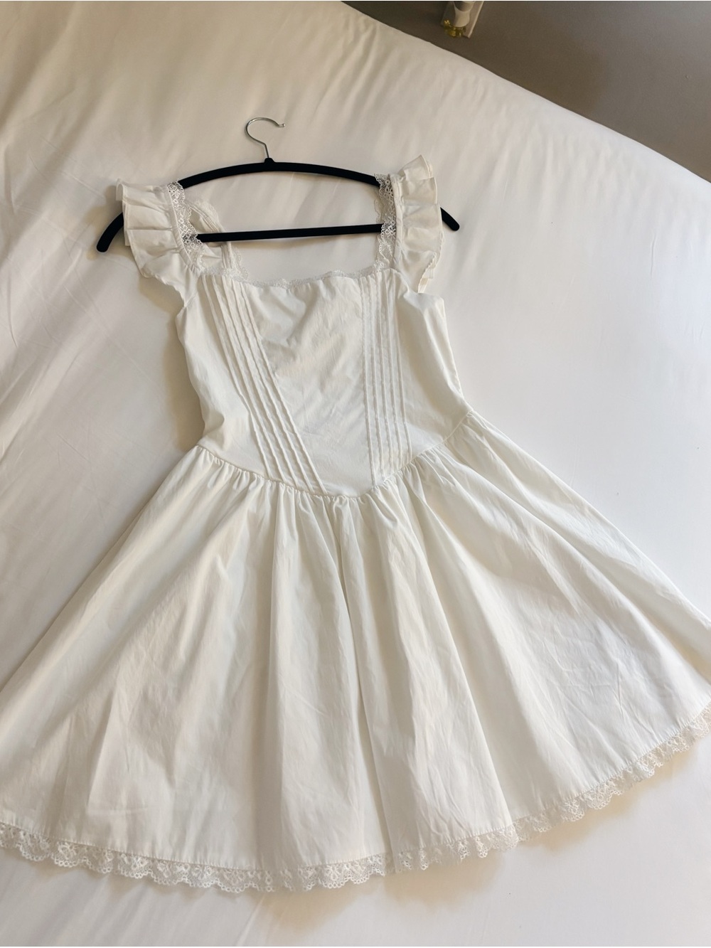 White Ruffled Strap Mini Dress with Lace Trim - Picture 2 of 6